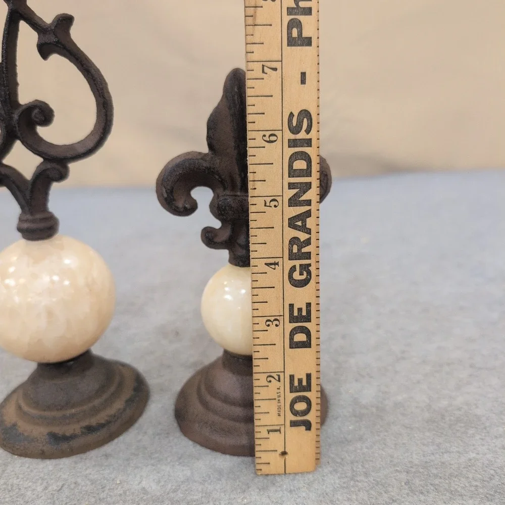 Cast Iron and Stone Fleur-de-Lis Scrollwork Finials Set of 2 Brown Cream - Picture 7 of 8